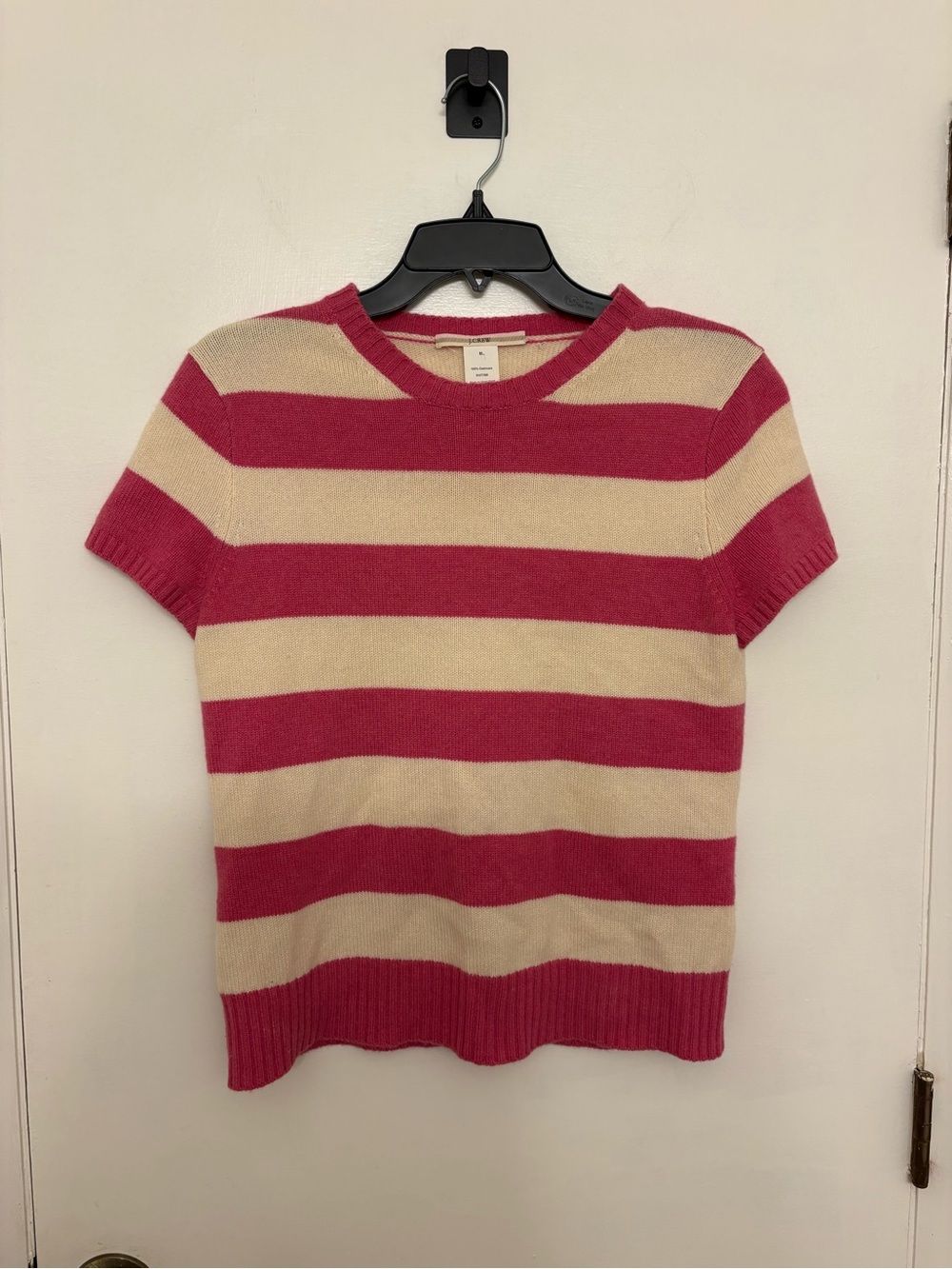 J. Crew 100% Cashmere Striped Short Sleeve Sweater Tee Pink & Cream Medium